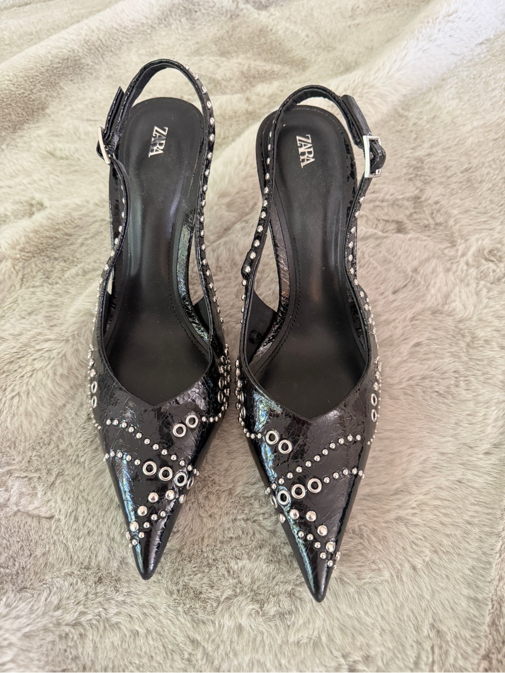ZARA Black Patent Pointed Slingback Heels with Silver Studs